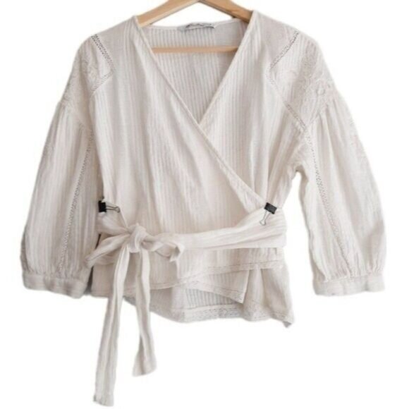 ZARA Cotton Linen Blend Boho Floral Embroidery Wrap Top Sz S - Picture 2 of 13